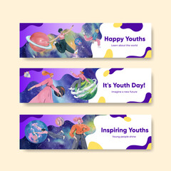 Banner template with international youth day concept,watercolor style