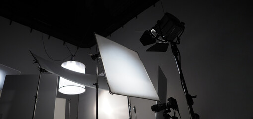 Studio light equipments for photo or film movie video. Light set for professional shooting studio...