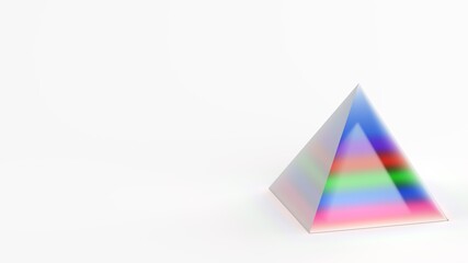 minimal abstract prism pyramid glass multicolored on white floor 3d render
