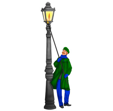 A cartoon male lamplighter lights a street lamp.