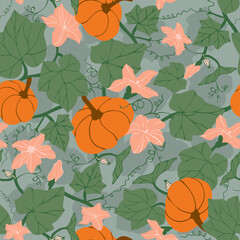 Seamless pattern with pumpkins, flowers and leaves. Colorful botanical background with pumpkin plant. Design for textile print or wallpaper. Vector illustration