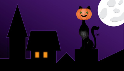 black cat banner night city moon pumpkin night halloween horizontal banner