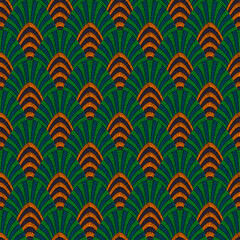Seamless embroidered pattern. Wavy bohemian print. Patchwork ornament. Vector illustration.