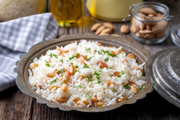 Traditional delicious Turkish food; Almond rice pilaf (Turkish name; Bademli pirinc pilavi)