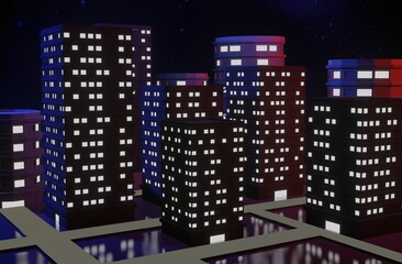 city building at night, 3d illustration, 3d rendering