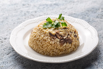 Turkish foods; Bulgur pilaf with mushrooms (Turkish name; mantarli bulgur pilavi)