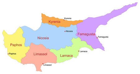 Carte de chypre avec représentation des divisions par districts et localisation des chefs-lieux - Textes vectorisés et non vectorisés sur calques séparés