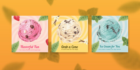 Banner template with ice cream flavor concept,watercolor style