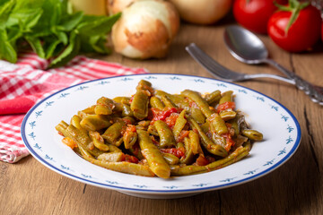 Traditional delicious Turkish food; Green beans with olive oil; Turkish name; Zeytinyagli taze fasulye
