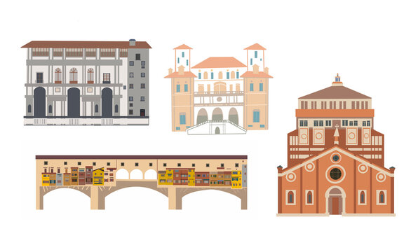 Gallery and Church, famous Bridge, villa, museums of Italy - Rome, Milan and Florence. Colorful illustration.