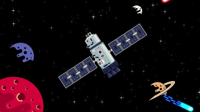 Space station flying among planets and stars. Satellite in space. 2D cartoon animation.