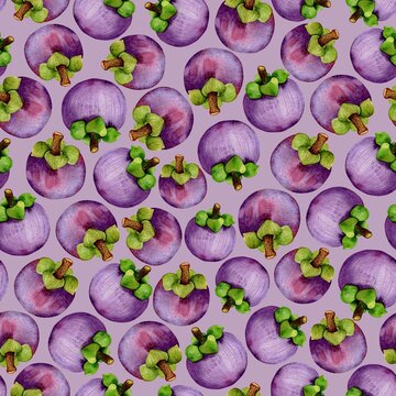 Watercolor fruits pattern on purple. Mangosteen handdrawn fruits. Colorfull bright summer seamless background for textile, wallpapers, print and banners.