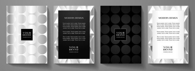 Modern silver cover, frame design set. Abstract luxury circle pattern (round texture). Graphic geometric vector background for note book template, business, brochure, restaurant menu