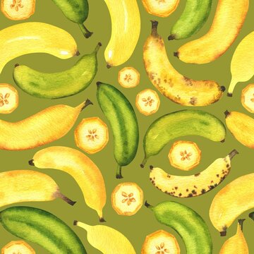 Colorfull juicy bananas watercolor pattern. Handdrawn banana fruits and slices. Colorfull bright summer seamless background for textile, wallpapers, print and banners.