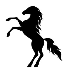 Silhouette of a rearing horse.