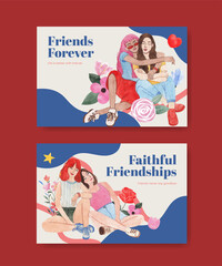 Facebook template with National Friendship Day concept,watercolor style