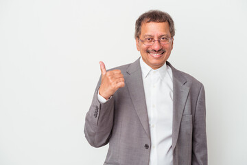 Middle aged indian business man isolated on white background smiling and raising thumb up