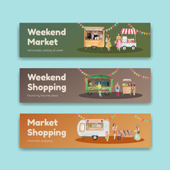 Banner template with weekend market concept,watercolor style