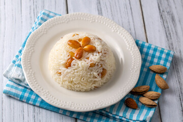 Traditional delicious Turkish food; Almond rice pilaf (Turkish name; Bademli pirinc pilavi)