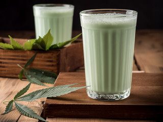Traditional Indian drink Bhang Lassi, with hemp leaves.