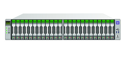 2u server, disk storage system shelf containing 24 2.5-inch SAS hard drives. Interface connectors and information display. Vector illustration.