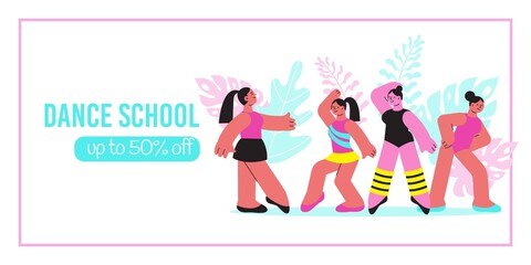 Fototapeta na wymiar Dance School Banner With Cartoon Female Characters Teacher Pupils