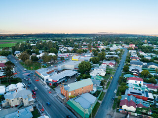 Aerial view of Streets and businesses in small Aussie town