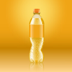Realistic soda lemonade bottle mock up with yellow label isolated on yellow background reflected off the floor, vector illustration. Suitable for large format ads, billboards and posters