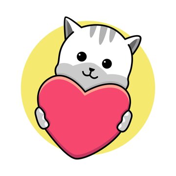 Cute cat hug red heart cartoon illustration