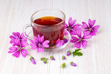 Mallow herb (Malva Vulgaris) mallow flower tea in cup.
