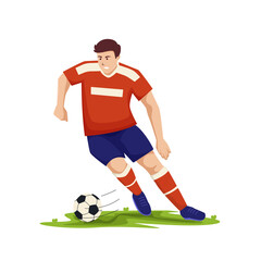 Football players. Soccer sportsmen, people playing with a ball. Athlete goal and kick, isolated sports action and workout vector illustration
