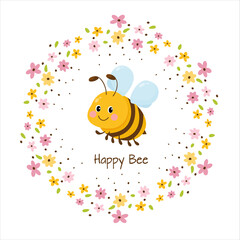 Happy cute friendly bee. Vector illustration animal of honeybee on white background in cartoon style.