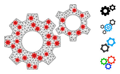 Polygonal gears in infection style. Polygonal carcass gears image in lowpoly style with combined linear items and red virus items. Vector model is created from gears with infection nodes.