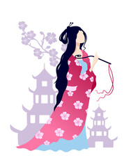 Asian girl on a background of a pagoda and flowers is isolated from a white background.