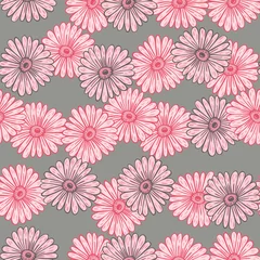 Vlies Fototapete Grau Blühen Sie nahtloses Gekritzelmuster mit rosa Sonnenblumenformdruck. Grauer Hintergrund. Vintage-Kunstwerke.