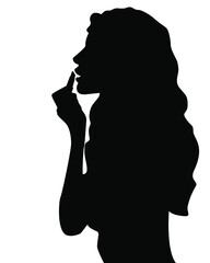 Beautiful Woman With Sexy Full Lips Applying Lip Balm, Lip Care Stick On. Silhouette of a female model. Cosmetics. 