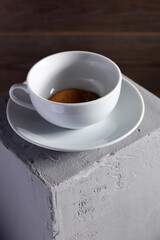 Cup of coffee on concrete grey abstract background texture. Set of coffee break concept