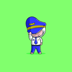Flat Cartoon Style pilot girl using hat vector icon illustration