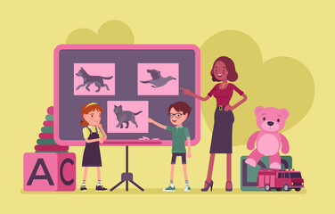 Kindergarten lesson, female black teacher, children at blackboard studying animals. Preschool classroom, elementary classes for kids in childcare daycare center. Vector flat style cartoon illustration