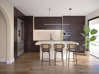 3d rendring of a minimal mediterranean kitchen with beige marble and wenge cabinets and a palm plant	
