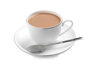 Delicious tea with milk on white background
