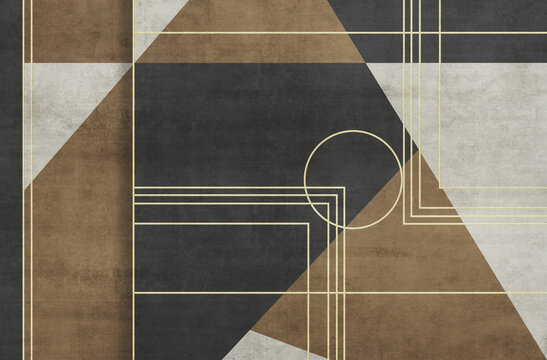 Grunge photo wallpaper with geometric abstraction on concrete background with golden elements. Illustration for wallpaper, fresco, mural. © obscur_a