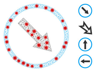 Mesh down-right rounded arrow with infection style. Mesh wireframe down-right rounded arrow image in low poly style with structured linear items and red virus items.