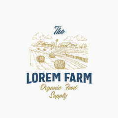 Local Farm Retro Badge or Logo Template. Hand Drawn Rural Farm Landscape Sketch with Windmill, Haystack with Typography Layout. Vintage Sketch Emblem. Isolated - obrazy, fototapety, plakaty
