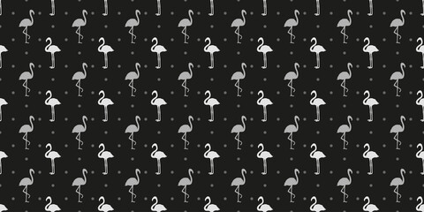 Seamless dot texture with flamingos. Abstract birds. Polka pattern. Black and white illustration