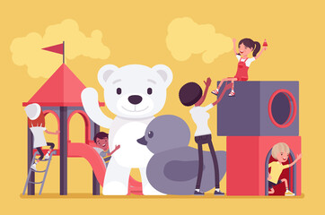 Kindergarten playground fun, happy children playing outdoor with female teacher. Modern city playpark, daycare recreation for kids in summer preschool camp. Vector flat style cartoon illustration