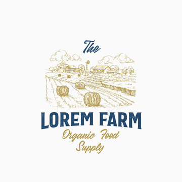 Local Farm Retro Badge or Logo Template. Hand Drawn Rural Farm Landscape Sketch with Windmill, Haystack with Typography Layout. Vintage Sketch Emblem. Isolated