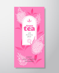 Fruit and Berries Tea Label Template. Abstract Vector Packaging Design Layout with Realistic Shadows. Hand Drawn Pitaya or Dragonfruit with Half and Leaves Decor Silhouettes Background. Isolated