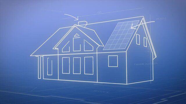 Draft of house put together. Blueprint, construction plan, home, wireframe 3D build sketch on blue background