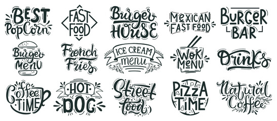 Fast Food Lettering Junk Street Food Cafe Bakery Restaurant Badges Pizza Burger Dessert Hand Drawn